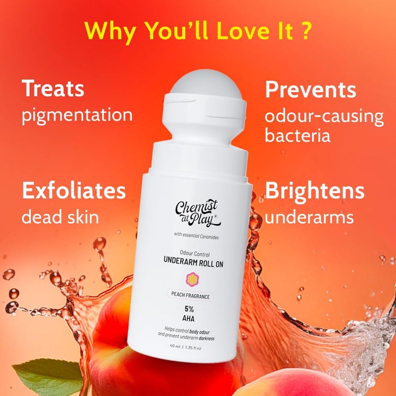 Chemist at Play UnderArm Roll-On with 5% AHA| Lactic & Mandelic Acid|Prevents Odour, Brightens Skin & Exfoliates Underarm | For Sensitive Skin | Peach Fragrance | Alcohol & Aluminium Free | 1.35 fl oz - Image 2