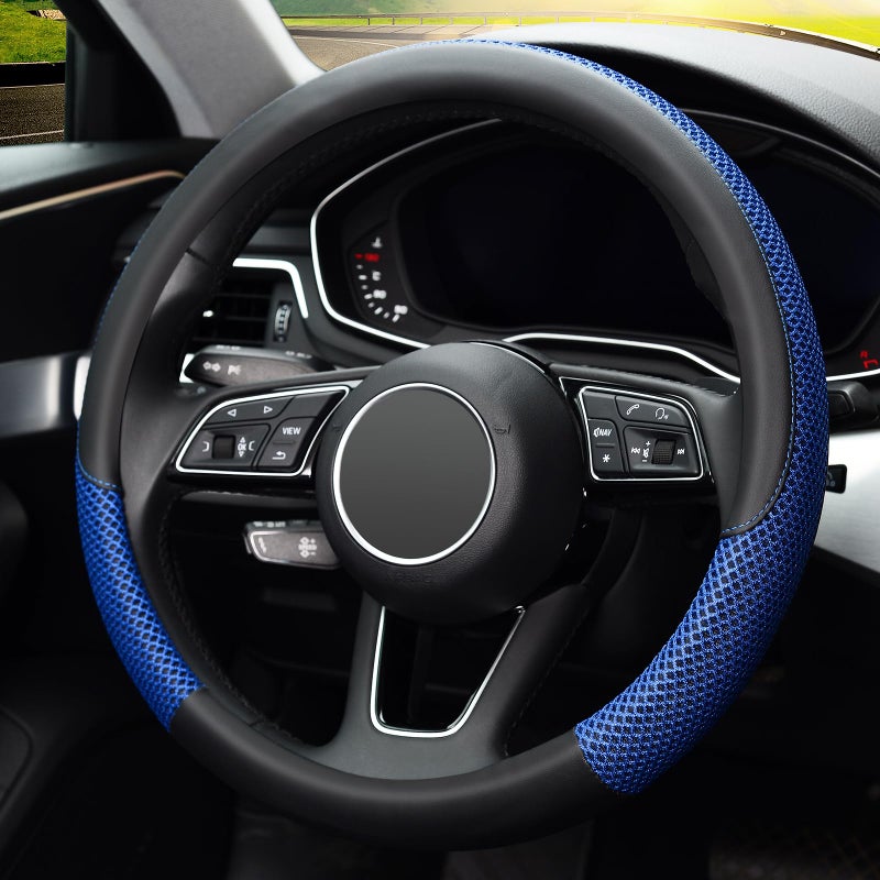 KAFEEK Steering Wheel Cover, Universal 15 inch, Microfiber Leather Viscose, Breathable, Anti-Slip,Warm in Winter and Cool in Summer, Black&Blue - Image 3