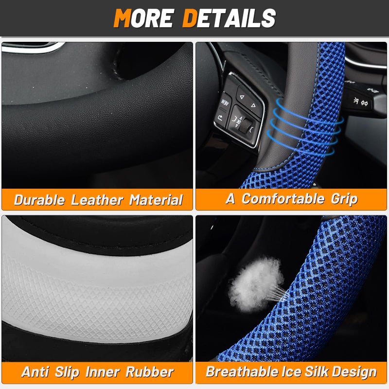 KAFEEK Steering Wheel Cover, Universal 15 inch, Microfiber Leather Viscose, Breathable, Anti-Slip,Warm in Winter and Cool in Summer, Black&Blue - Image 4