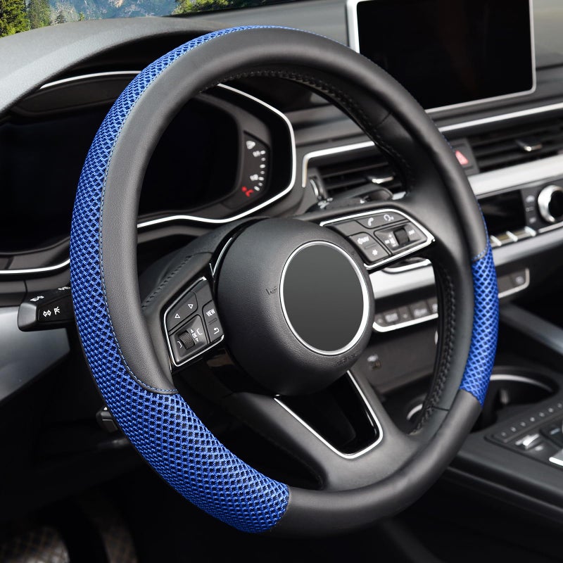 KAFEEK Steering Wheel Cover, Universal 15 inch, Microfiber Leather Viscose, Breathable, Anti-Slip,Warm in Winter and Cool in Summer, Black&Blue - Image 1