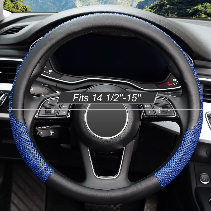 KAFEEK Steering Wheel Cover, Universal 15 inch, Microfiber Leather Viscose, Breathable, Anti-Slip,Warm in Winter and Cool in Summer, Black&Blue - Image 2