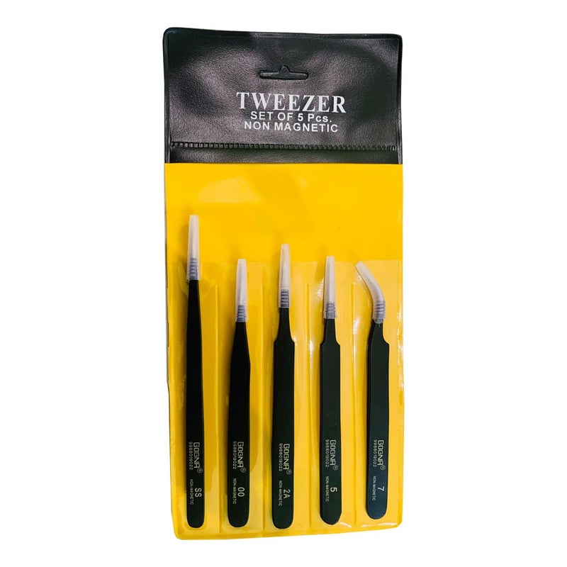 5 Pcs Non Magnetic Straight4 Curved1 Tips Tweezers Set for MobileGadgetLaptop RepairSMD and Jewelry Repair  - Image 1