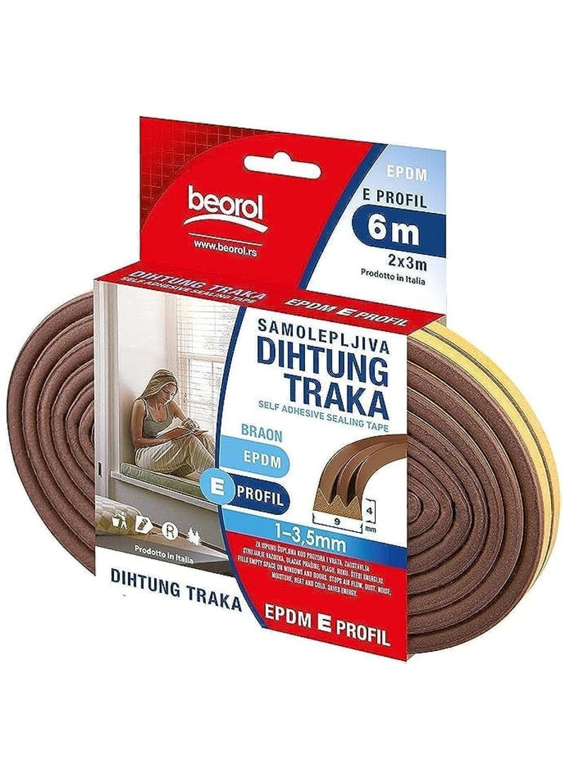 Beorol E - Shaped, Self-Adhesive EPDM Doors and Windows Seal Strip Soundproofing Collision Avoidance Rubber Weather-strip 6 Meters 2 x 3M Strips BROWN. - Image 1