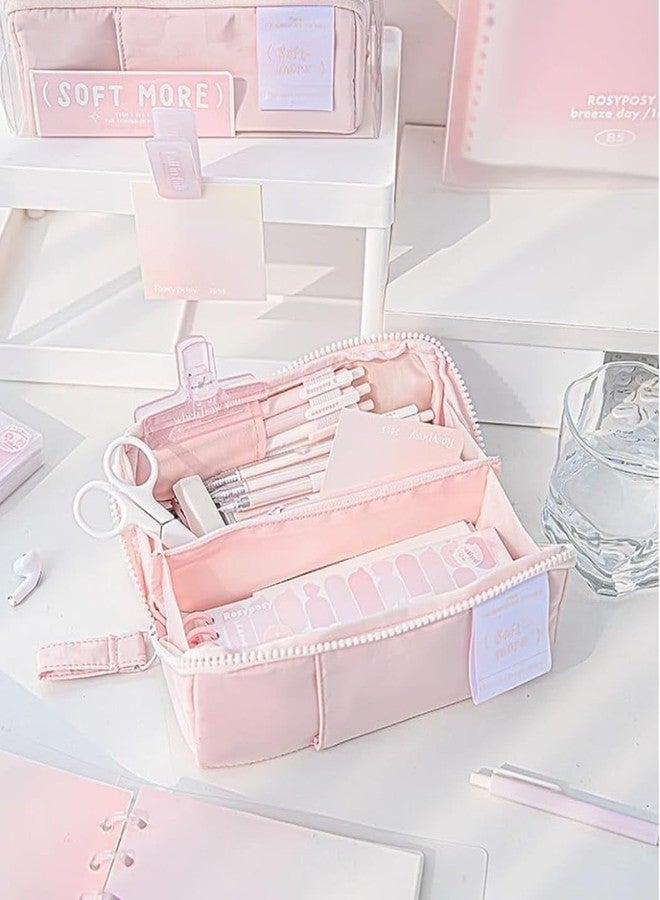 Funspark Multi-Functional Soft Pencil Case for Girls - Large Capacity Zipper Pouch with Multiple Compartments - Aesthetic Stationery Organizer for School, College & Office (Soft More-Pink Pouch) - Image 2