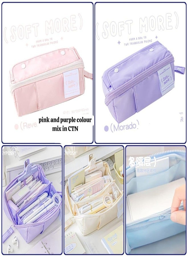 Funspark Multi-Functional Soft Pencil Case for Girls - Large Capacity Zipper Pouch with Multiple Compartments - Aesthetic Stationery Organizer for School, College & Office (Soft More-Pink Pouch) - Image 3