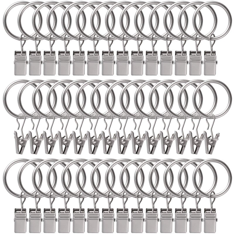 Lansian 44 Pack Curtain Rings with Clips Hooks 1 inch Rustproof Matte Metal Stainless Steel Drapery Rings for Tension Rod Bracket Eyelets Decorative Hangers Matte Silver 1 Interior Diameter 