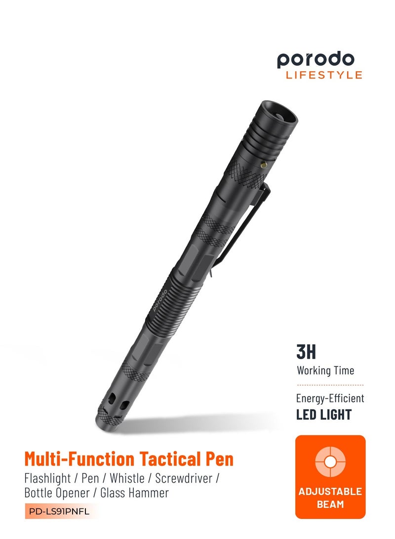 porodo LifeStyle Outdoor 6 in 1 Flashlight with Holder Pen Whistle Bottle Opener andSafety Hammer - Black/Gray - Image 1