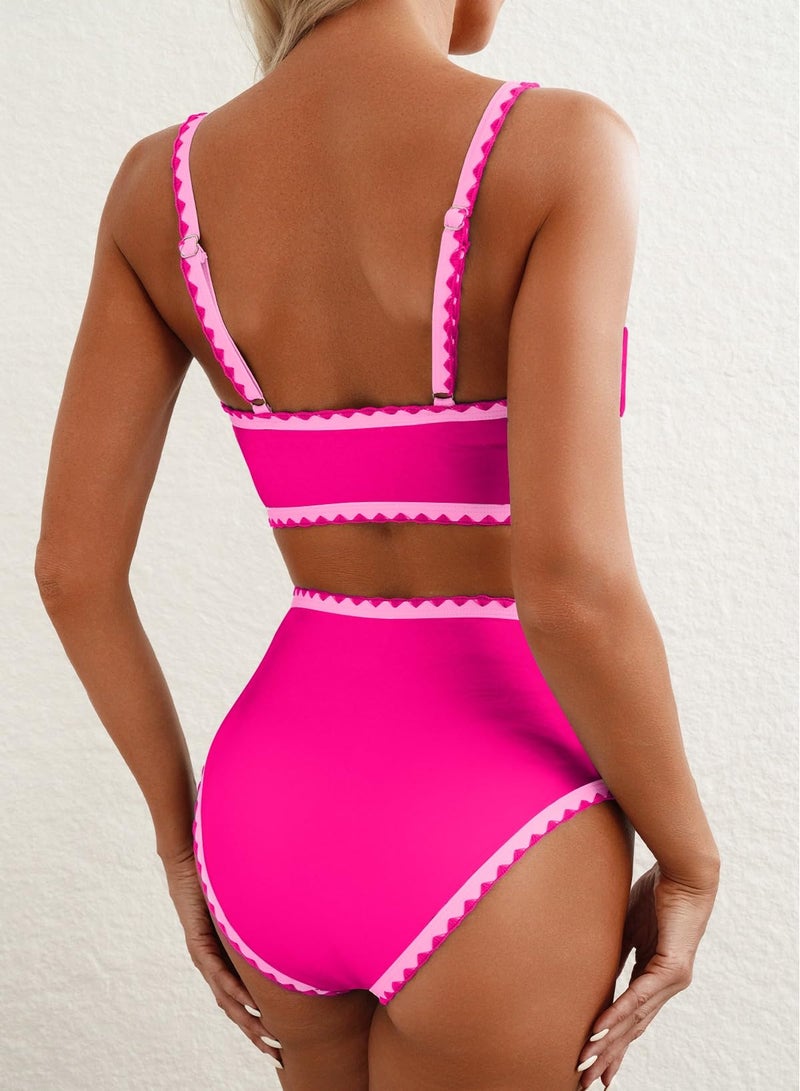 Herseas Womens Bikini Sets Shell Stitch Swim Suits 2026 Summer High Rise Scoop Stretchy Bathing Suits Tropical Hawaiian Modest Hot Pink Beach Vacation Clothes Small - Image 2