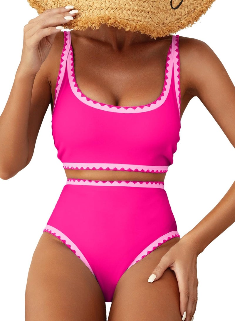 Herseas Womens Bikini Sets Shell Stitch Swim Suits 2026 Summer High Rise Scoop Stretchy Bathing Suits Tropical Hawaiian Modest Hot Pink Beach Vacation Clothes Small - Image 1