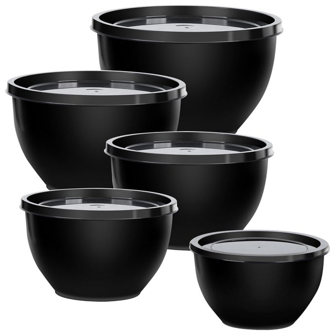 5PIECE PLASTIC MIXING BOWLS WITH LIDS SET FOR KITCHEN NESTING BOWLS FOR MIXING BAKING PREPPING COOKING AND SERVING FOOD BLACK MIXING BOWLS DISHWASHER MICROWAVE SAFE
