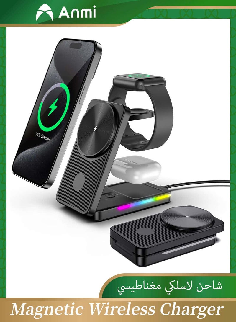 Anmi 3 in 1 Magnetic Wireless Charger for Apple Devices, 15W Fast Charging Mag-Safe Charger Station for iPhone 16 15 Pro Max/14/13, Foldable Apple Charging Station for i Watch 10/9/Ultra/8, Travel Charger for AirPods Pro/2/3 (Black) - Image 1