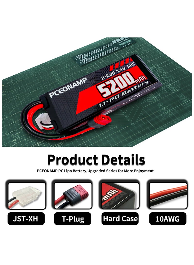 PCEONAMP 2S Lipo Battery 7.4V 50C 5200mAh with T Plug Rechargeable High Capacity RC Cars Battery Hard Case Fit for RC Car Trucks 1/8 1/10 High Speed RC Cars - Image 4