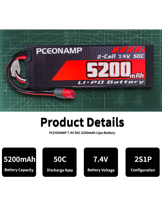 PCEONAMP 2S Lipo Battery 7.4V 50C 5200mAh with T Plug Rechargeable High Capacity RC Cars Battery Hard Case Fit for RC Car Trucks 1/8 1/10 High Speed RC Cars - Image 3