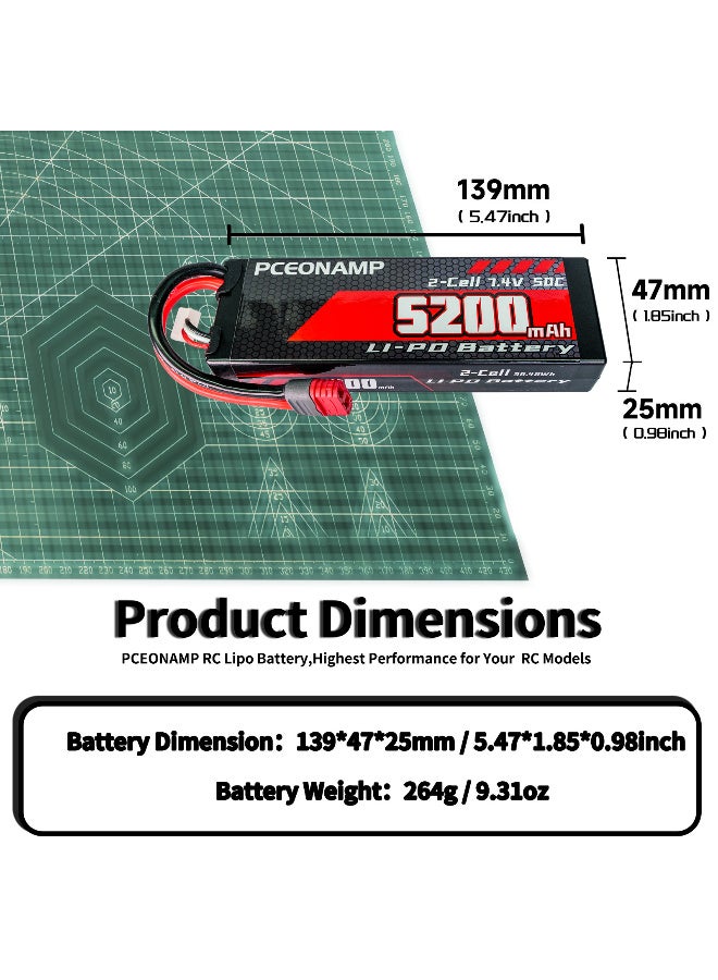 PCEONAMP 2S Lipo Battery 7.4V 50C 5200mAh with T Plug Rechargeable High Capacity RC Cars Battery Hard Case Fit for RC Car Trucks 1/8 1/10 High Speed RC Cars - Image 2