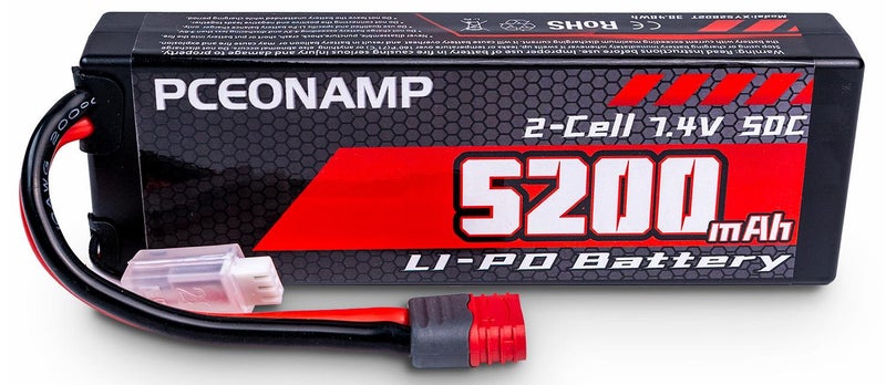PCEONAMP 2S Lipo Battery 7.4V 50C 5200mAh with T Plug Rechargeable High Capacity RC Cars Battery Hard Case Fit for RC Car Trucks 1/8 1/10 High Speed RC Cars - Image 1