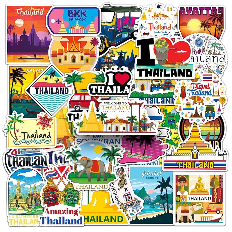 50Pcs Thailand Travel StickersSawatdee Ka Waterproof Vinyl Decals for Water Bottles Bicycle Laptop Refrigerator Luggage Computer Mobile Phone Skateboard Bike Dcor