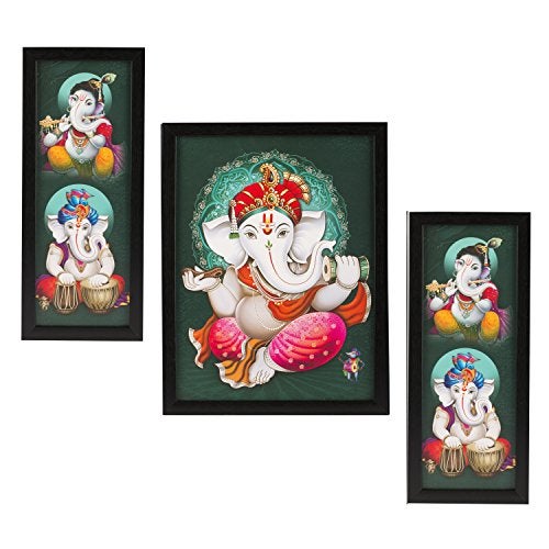 Indianara 3 PC Set of Ganesha Paintings Without Glass 5.2 X 12.5, 9.5 X 12.5, 5.2 X 12.5 inch - Image 1