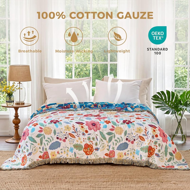 LUTBM Boho Throw Blanket for Bed Cotton Blankets Twin Size for Bedroom Living Room All Season Lightweight Chic Floral Embroidery Quilt for Couch Sofa Chair 60"x80" - Image 2