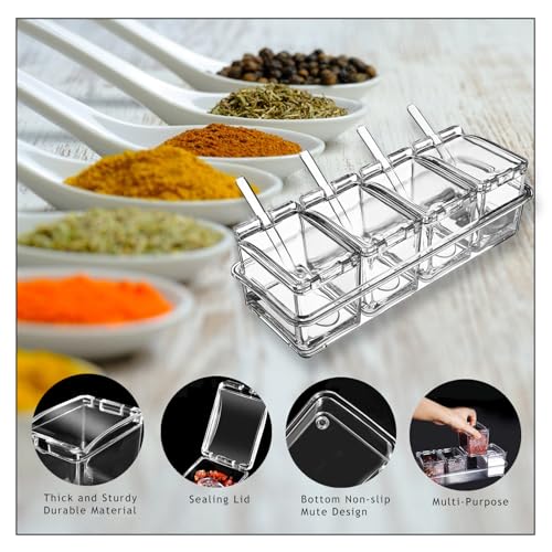 EOREA 4-Piece Condiment Containers with Lids, Acrylic Spices Box and Seasonings sets for Salt, Sugar,Pepper-Sugar Container with Spoons Lids Ideal for Countertop Seasoning Organizer, Topping Containers - Image 4
