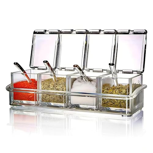 EOREA 4-Piece Condiment Containers with Lids, Acrylic Spices Box and Seasonings sets for Salt, Sugar,Pepper-Sugar Container with Spoons Lids Ideal for Countertop Seasoning Organizer, Topping Containers - Image 1