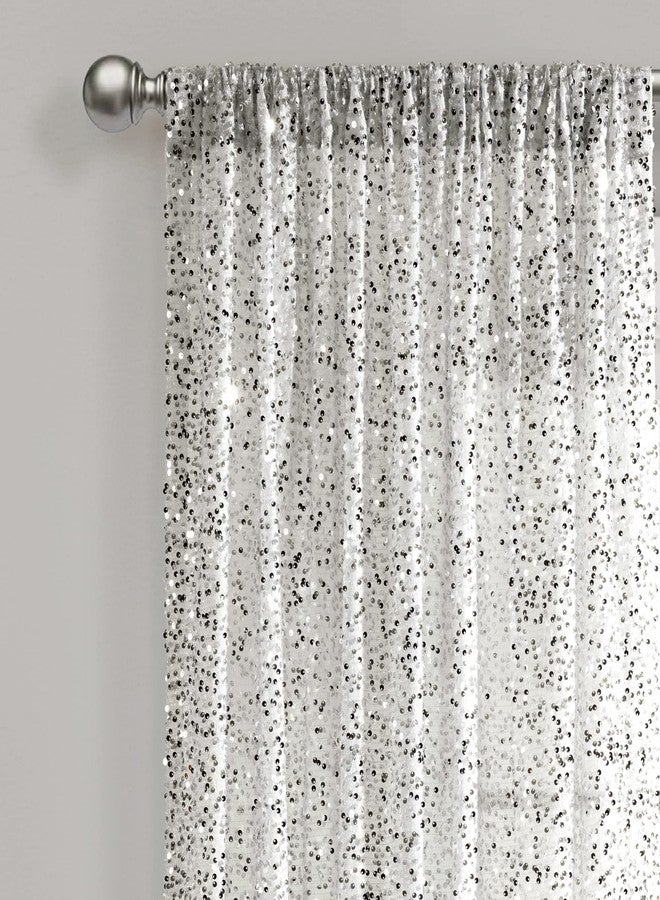 Lush Decor Ballgown Glam Sparkle Sequins Window Curtain Panel, Single, 52" W x 84" L, Silver & White - Sequin Curtains - Sparkly Drapes - Silver Curtain - Modern Glam Decor - Image 2