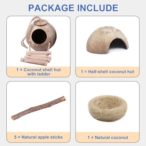 kathson 9PCS Natural Coconut Hut Hamster Hiding House Pet Cave Small Animal Cage Habitat Decor Hanging Hamster Toys with Ladder for Gerbils Hermit Crabs Dwarf Lizards - Image 2