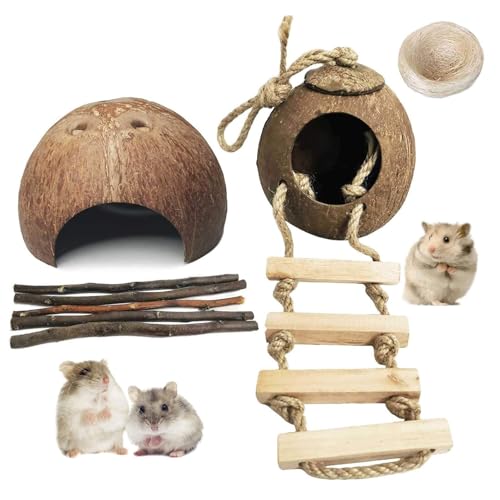kathson 9PCS Natural Coconut Hut Hamster Hiding House Pet Cave Small Animal Cage Habitat Decor Hanging Hamster Toys with Ladder for Gerbils Hermit Crabs Dwarf Lizards - Image 1