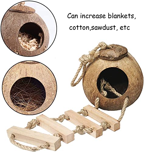 kathson 9PCS Natural Coconut Hut Hamster Hiding House Pet Cave Small Animal Cage Habitat Decor Hanging Hamster Toys with Ladder for Gerbils Hermit Crabs Dwarf Lizards - Image 3