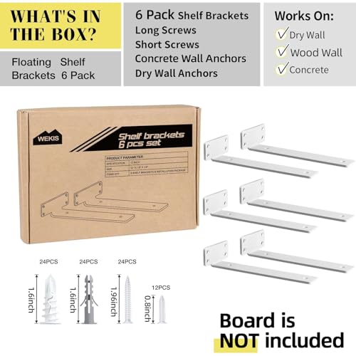WEKIS Shelf Brackets, Heavy Duty Floating Shelf Brackets 12-Inch Long, 6-Pack Brackets for Shelves, Matte White L Hidden Metal Wall Shelf Support Shelving Brackets, 1/5-Inch Thick 160 lb. Load Capacity - Image 4