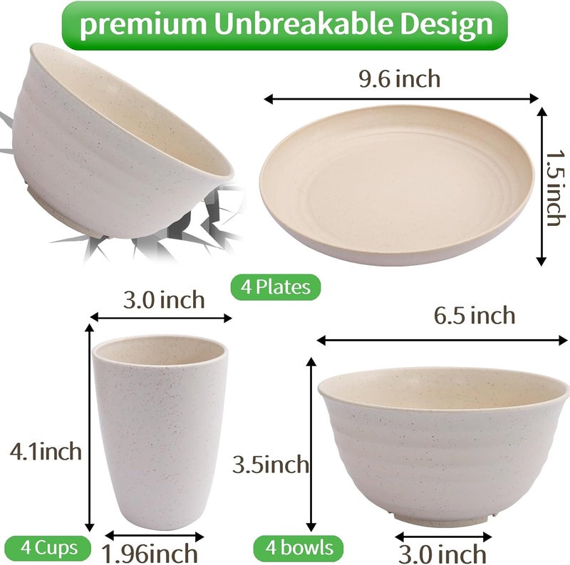 Cptoion 12 Pcs Wheat Straw Dinnerware Sets,Unbreakable Plates and Bowls Cups Set,Plastic Dinnerware Set,Lightweight Bowls Cups Plates,Reusable Dishes for Kitchen,Camping,Microwave,Dishwasher(Beige) - Image 2