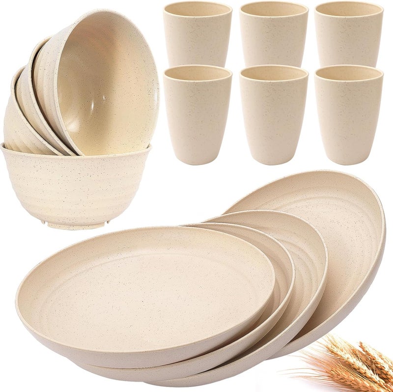 Cptoion 12 Pcs Wheat Straw Dinnerware Sets,Unbreakable Plates and Bowls Cups Set,Plastic Dinnerware Set,Lightweight Bowls Cups Plates,Reusable Dishes for Kitchen,Camping,Microwave,Dishwasher(Beige) - Image 1