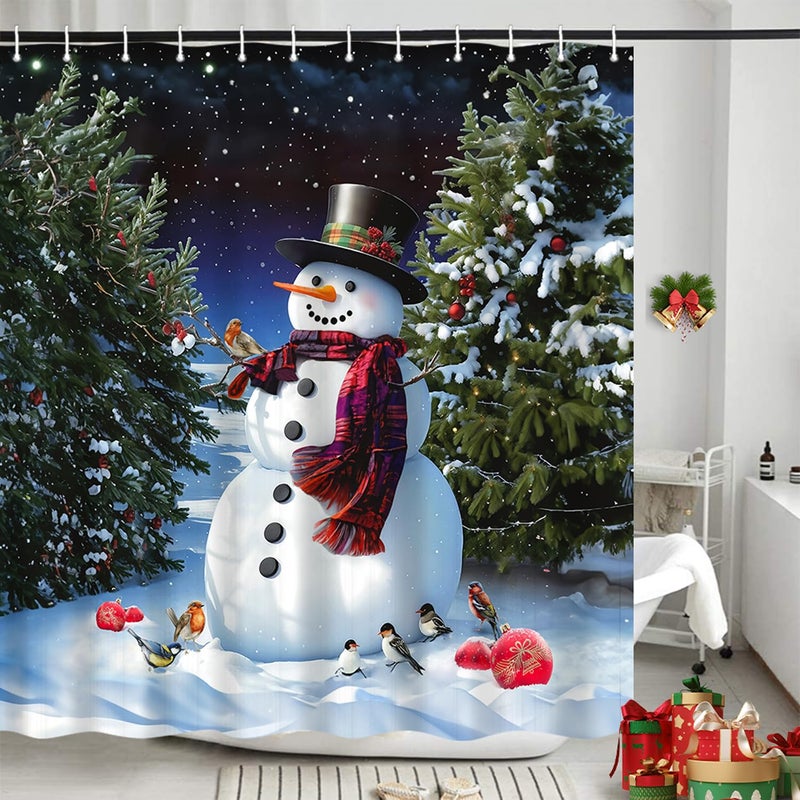 iTapnoom Winter Snowman Shower Curtains  Merry Christmas Trees Gift Cute Happy Little Birds White Snowflake Outdoor  Waterproof Polyester Durable Cloth Fabric Bathroom Decor Set with Hooks 72x72 - Image 1