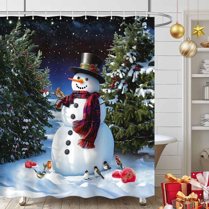 iTapnoom Winter Snowman Shower Curtains  Merry Christmas Trees Gift Cute Happy Little Birds White Snowflake Outdoor  Waterproof Polyester Durable Cloth Fabric Bathroom Decor Set with Hooks 72x72 - Image 2