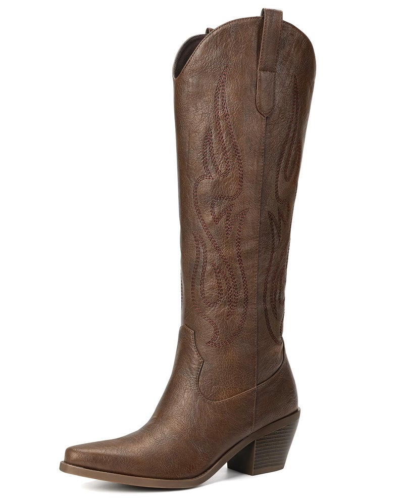 Pasuot Western Cowboy Boots for Women - Knee High Wide Calf Cowgirl Boots, Slip On Pointed Toe Chunky Heel Fashion Retro Classic Pull On Tall Boot for ladies Party concert Bronze US 9 - Image 1