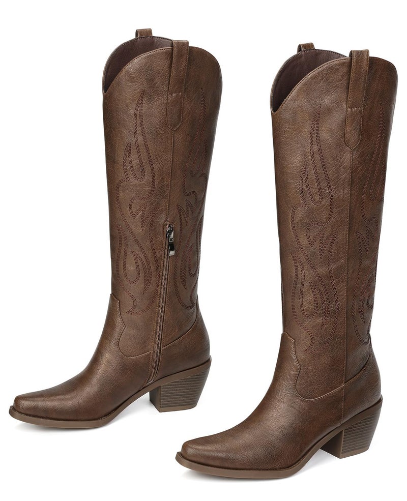 Pasuot Western Cowboy Boots for Women - Knee High Wide Calf Cowgirl Boots, Slip On Pointed Toe Chunky Heel Fashion Retro Classic Pull On Tall Boot for ladies Party concert Bronze US 9 - Image 5