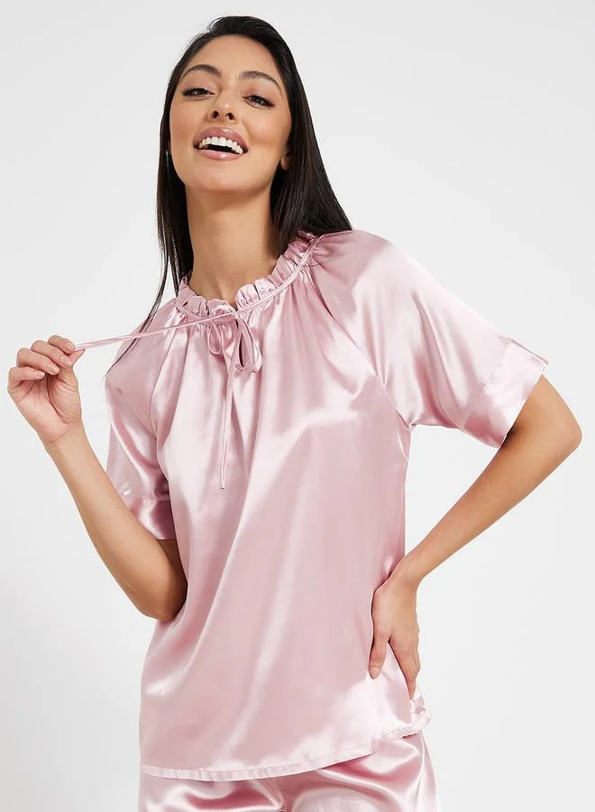 Styli Gathered Neck Satin Top & Pyjama Set
