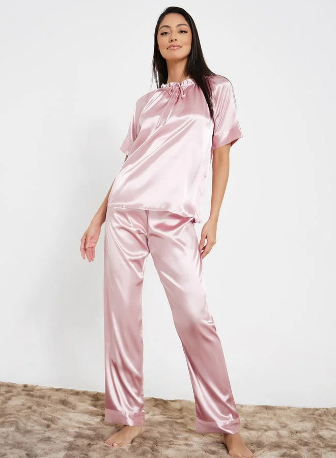 Styli Gathered Neck Satin Top & Pyjama Set
