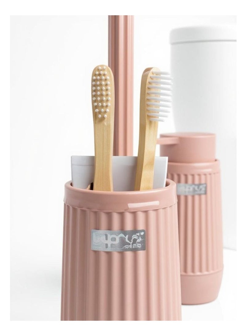 Okyanus 5 piece plastic bathroom accessories set includes toilet brush liquid soap dispenser trash bin toothbrush & toothpaste holder soap dish durable bathroom organizer kit rose - Image 2