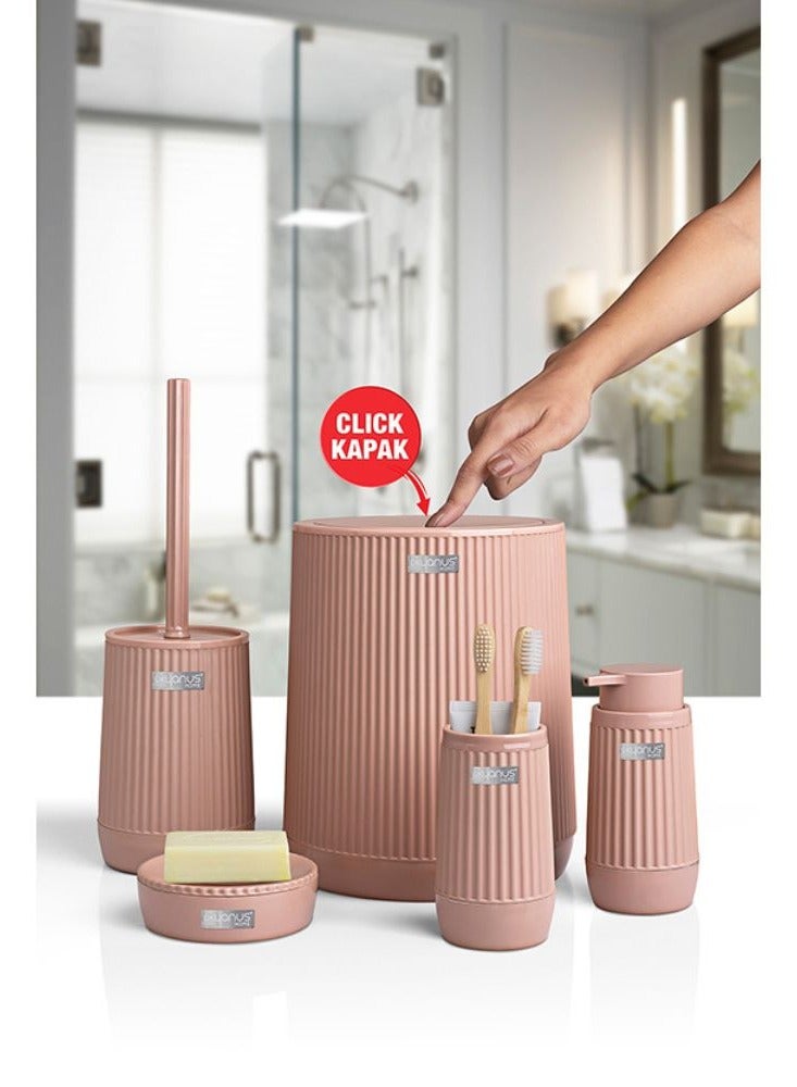 Okyanus 5 piece plastic bathroom accessories set includes toilet brush liquid soap dispenser trash bin toothbrush & toothpaste holder soap dish durable bathroom organizer kit rose - Image 5