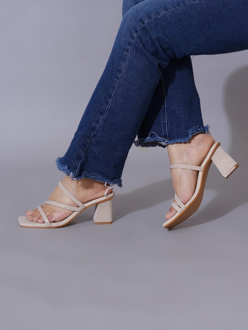 NZS Women’s Cream Block Heel Slip-On Sandals – Stylish Heel Party Footwear Heels with Cross Strap Design EU36 - Image 4