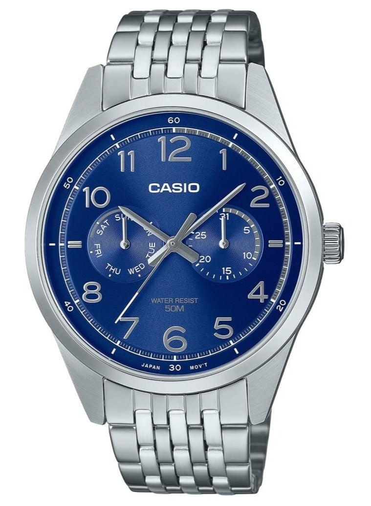 CASIO ساعة كاسيو MTP-E340D-2AVDF كوارتز بقرص أزرق من الفولاذ المقاوم للصدأ للرجال