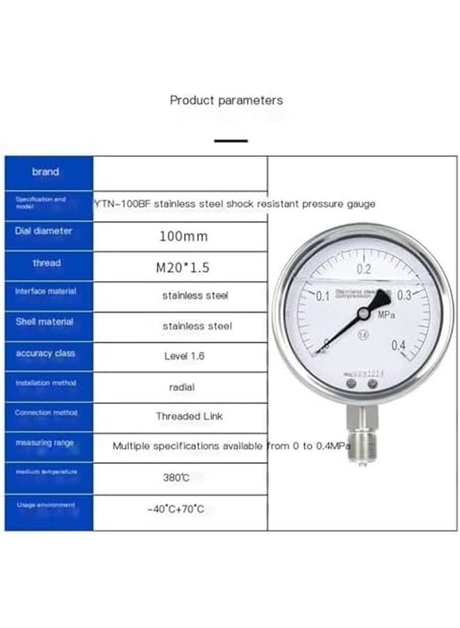 Stainless Steel Radial Seismic Pressure Gauge M20x1 5 Threaded Oil Filled 0 60MPa - Image 3