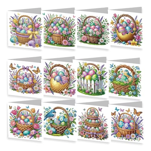 JBTM24 12 Pack 5D DIY Diamond Painting Greeting Cards Kit Diamond Art Easter Cards with Envelope Easter Crafts for Adults Easter Eggs - Image 1