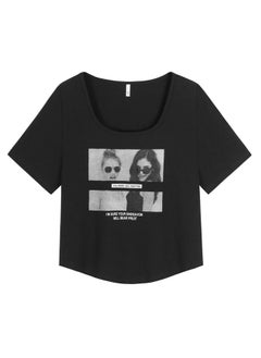 American Retro Short-sleeved Shoulder T-shirt Chubby Girl Large Size Summer Hot Girl Printed U-neck Slim-fit Short Top 63008