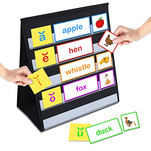 AUVCAS Tabletop Pocket Chart for Classroom or Home,Small Double Sided Stand Pocket Chart – Fits Standard 3” Sentence Strips and Cards (Black) - Image 3