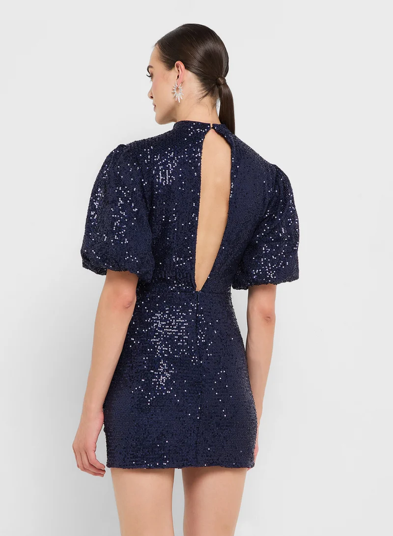 جينجر بوتيك eclat luxe puff sleeves sequin embellished drop waist dress