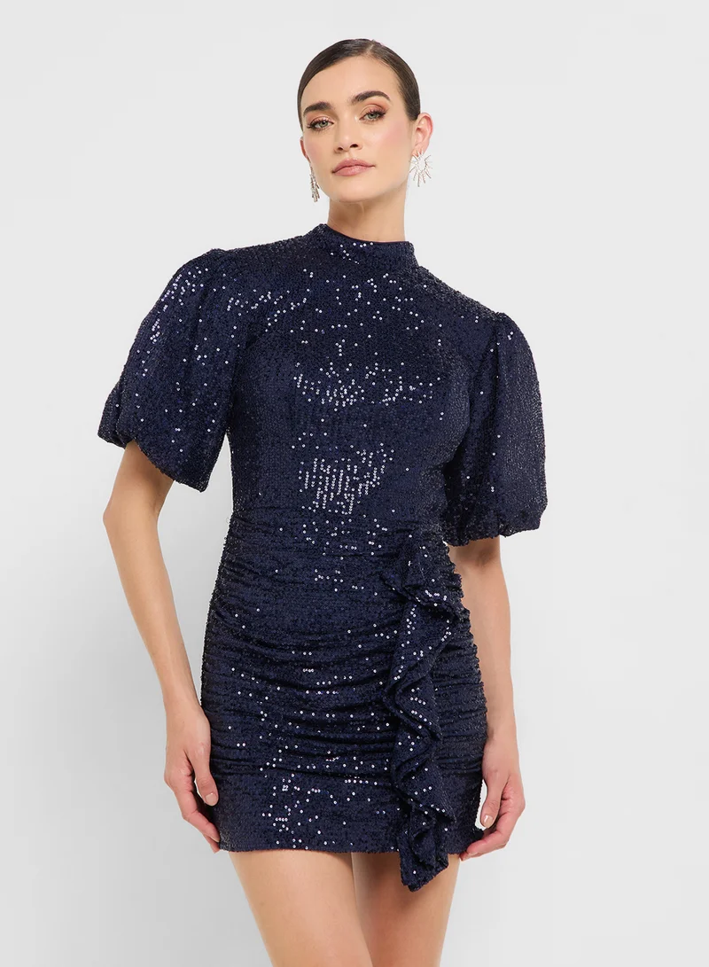 جينجر بوتيك eclat luxe puff sleeves sequin embellished drop waist dress