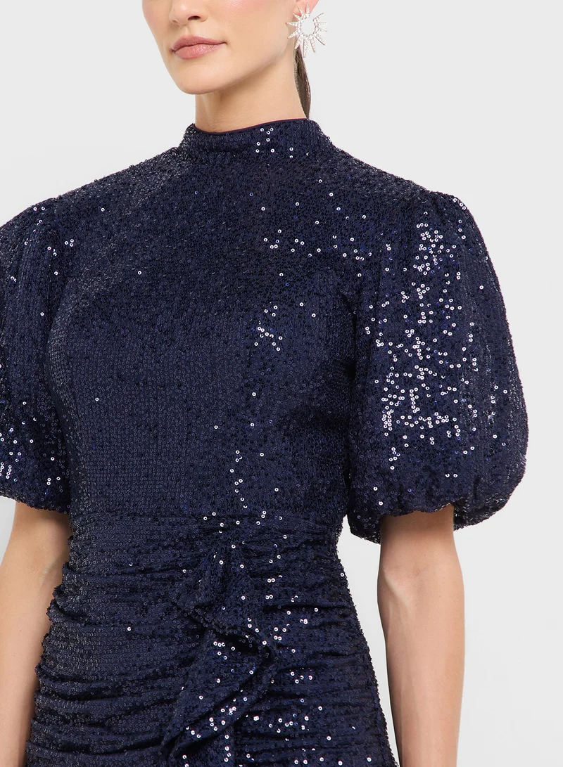 Ginger Boutique eclat luxe puff sleeves sequin embellished drop waist dress
