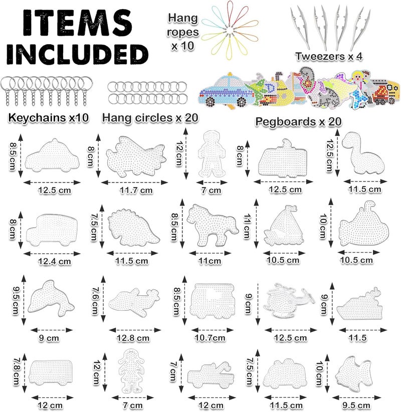 FUNZBO 20 pcs Pegboards for 5mm Fuse Beads Project - Vehicle Theme Include Fire Truck and Police Car for Arts and Crafts with Keychains, Hang Ropes and Tweezers, Gifts for Kids (Beads Not Included) - Image 2