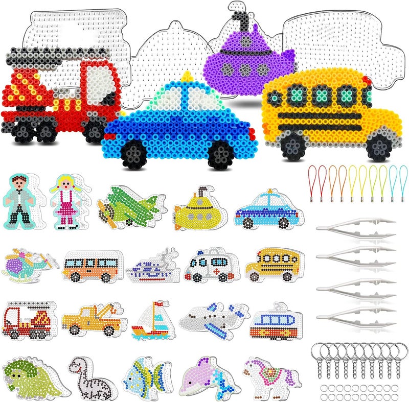 FUNZBO 20 pcs Pegboards for 5mm Fuse Beads Project - Vehicle Theme Include Fire Truck and Police Car for Arts and Crafts with Keychains, Hang Ropes and Tweezers, Gifts for Kids (Beads Not Included) - Image 1